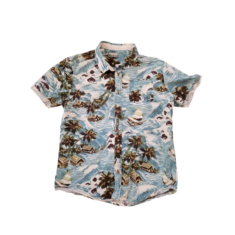 Rusty Hawaiian Button Up Shirt Tropical Palm Print Short Sleeve Size L